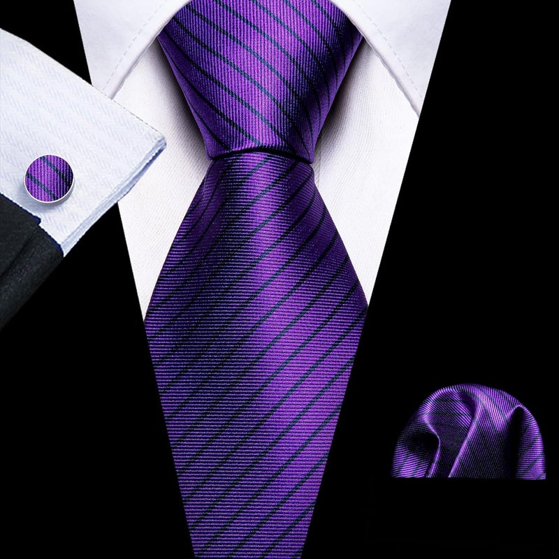 Barry.Wang Store Tie Sets for Men Silk Stripe Necktie Woven Checkered Handkerchief Cufflinks Formal Business Wedding - Image 3